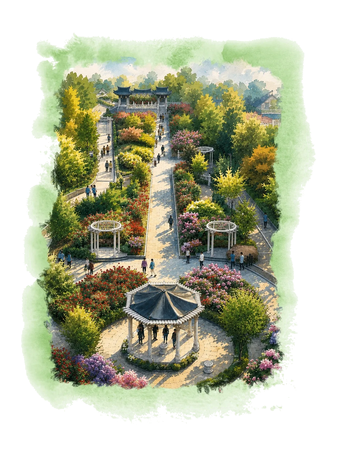 Watercolor illustration of a landscaped garden promenade in a KNS community
